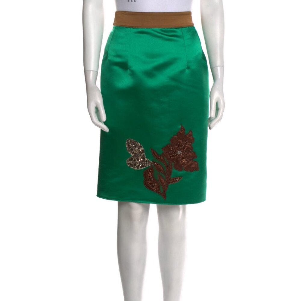 Dolce & Gabbana Green Satin Skirt with Floral Applique Beaded Detail IT46